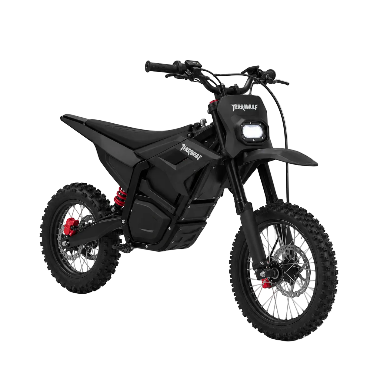 A black Terywa electric dirt bike with red suspension accents, knobby tires, and a front LED light, shown from a three-quarters angle
