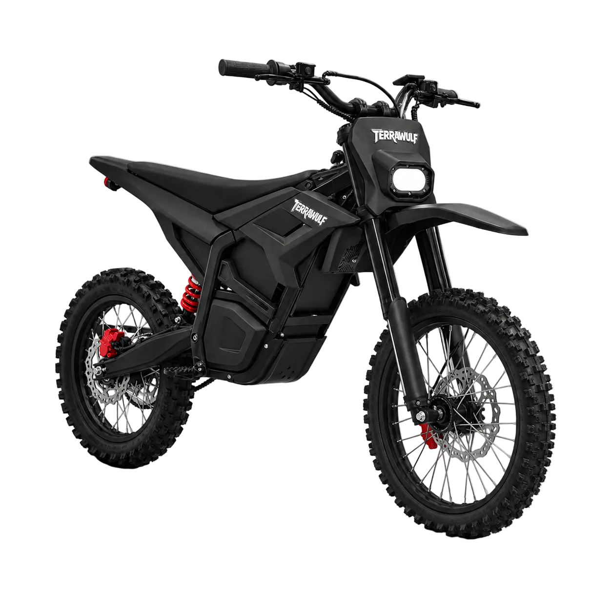 A black Terowulf electric dirt bike with knobby tires, a front headlight, and red suspension accents, shown on a clean white background.